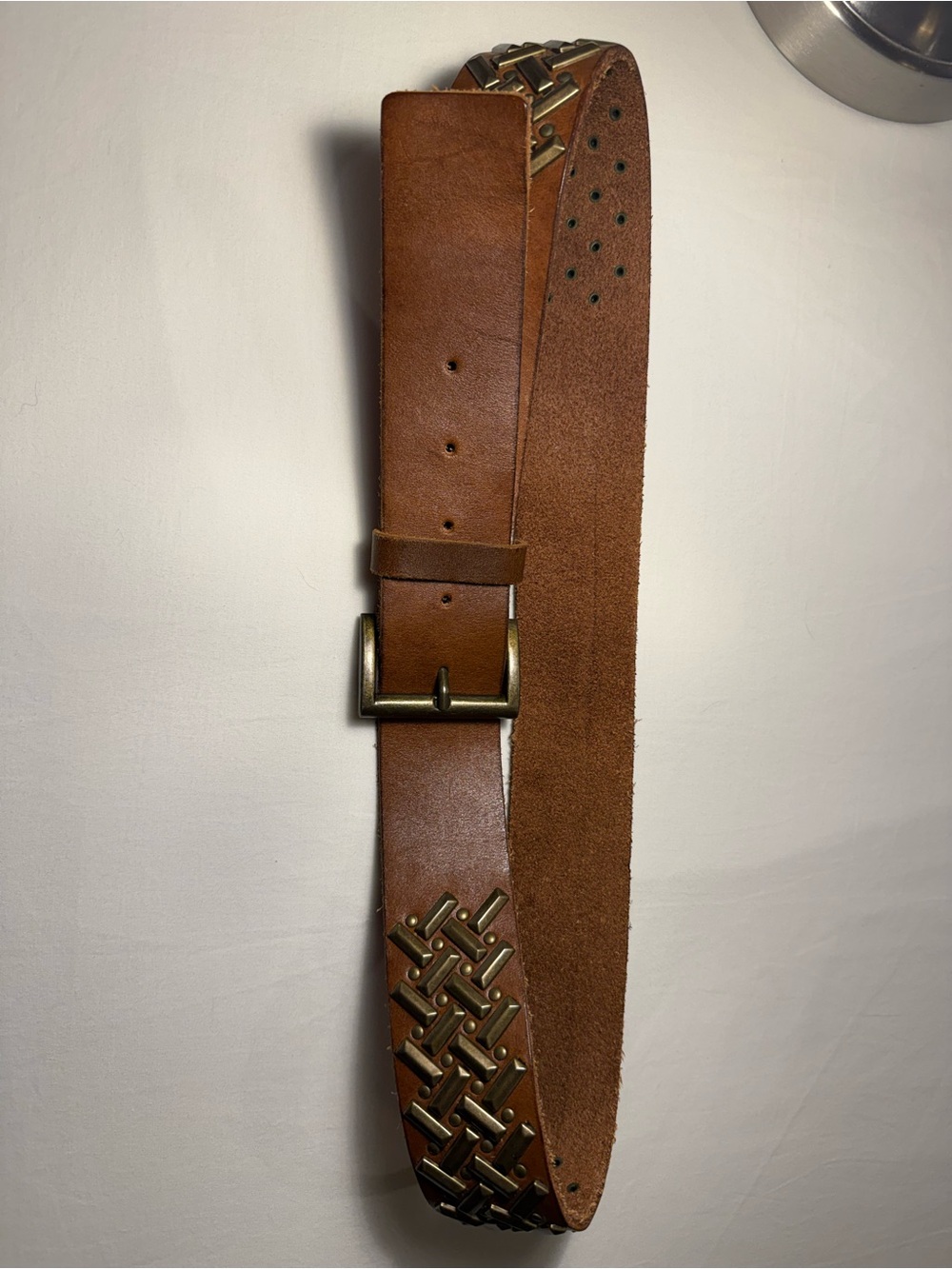 Men's Tan Leather Belt with Brass Woven Detail